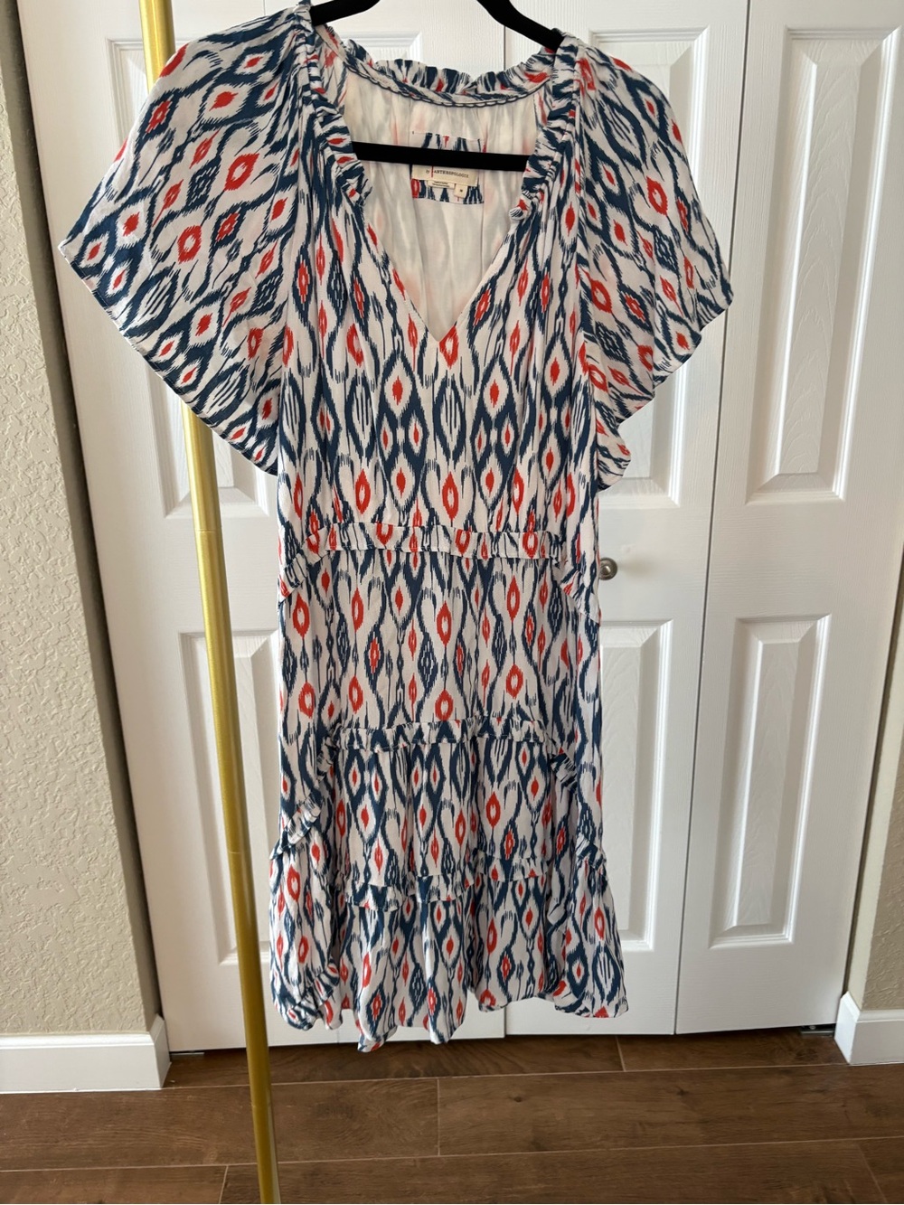 Anthropologie Robin Dress Navy, Coral & White Ikat Tiered, Boho Beach Vacation